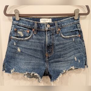 Abercrombie & Fitch Distressed Blue Denim Curve Love Mom Shorts